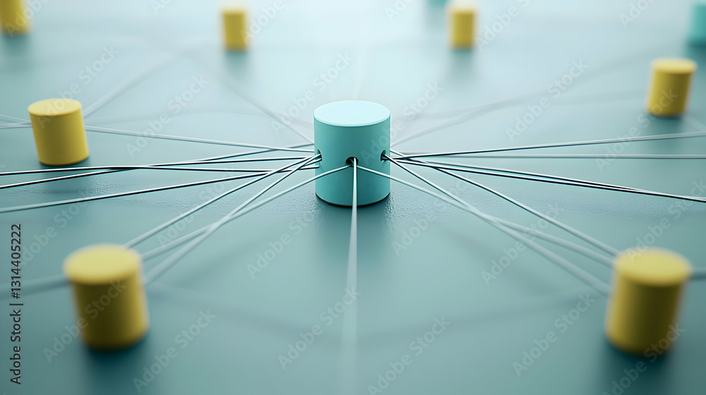 Aufkleber central teal node with radiating connections to yellow nodes on teal surface in abstract network vis