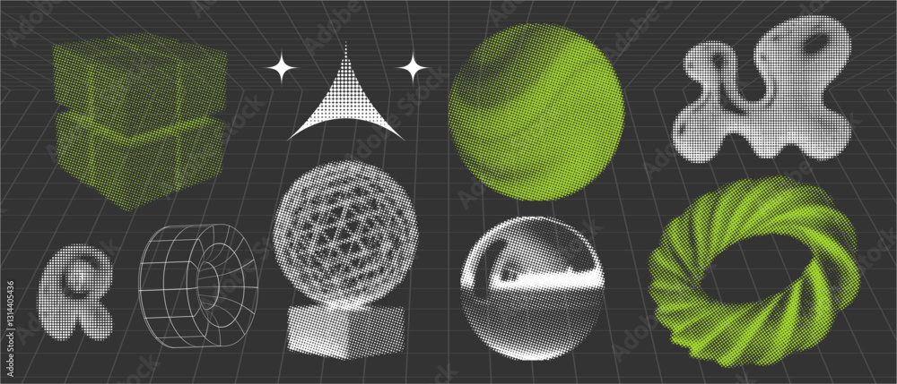 Poster retrofuturistic 3d shapes set in halftone dotted style. chrome halftone elements with glossy effect.