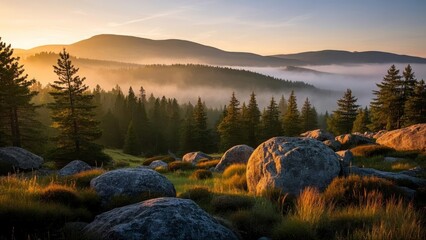 Serene forest landscape at sunrise with layers of mist covering rolling hills, casting golden light over dense evergreen trees