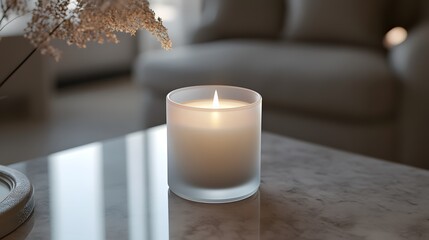 A minimalist candle in a frosted glass holder atop a sleek marble tabletop with refined decor accents, captured in ultra HD clarity.