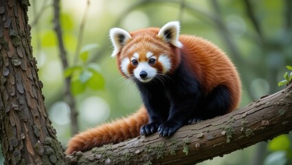 Fototapeta premium Adorable Red Panda Sitting on a Branch Surrounded by Lush Greenery in a Natural Habitat