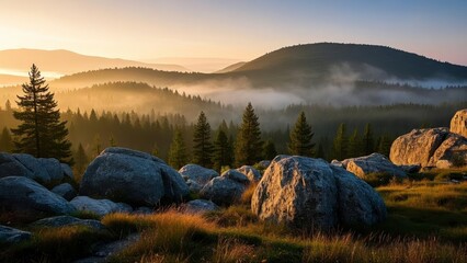 Serene forest landscape at sunrise with layers of mist covering rolling hills, casting golden light over dense evergreen trees