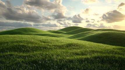 Peaceful rolling green hills under a soft cloudy sky in idyllic rural countryside landscape