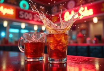 vibrant soda splash captured colorful beverage containers overflowing effervescent bubbles bright hues, bubbly, liquid, drink, fizzy, effervescence