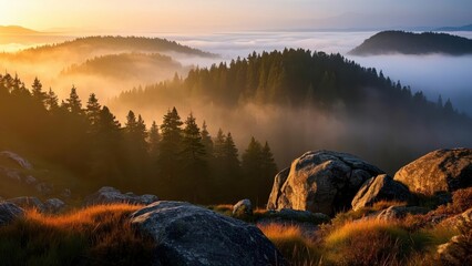Serene forest landscape at sunrise with layers of mist covering rolling hills, casting golden light over dense evergreen trees