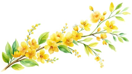 Watercolor Yellow Branch Floral Painting, Copy Space