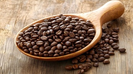 Scattered Roasted Coffee Beans on Wooden Surface with Warm and Cozy Ambiance