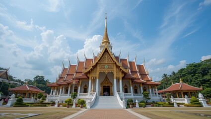 Fototapeta premium Ornate Buddhist Temple Surrounded by Lush Landscape Under a Blue Sky in Thailand