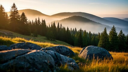 Serene forest landscape at sunrise with layers of mist covering rolling hills, casting golden light over dense evergreen trees