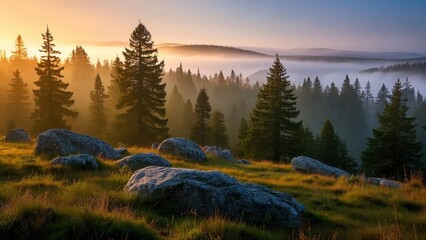 Serene forest landscape at sunrise with layers of mist covering rolling hills, casting golden light over dense evergreen trees