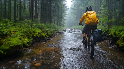 A mountain biker performing a jump over a small stream in a dense forest, the scene bursting with energy and natural beauty.