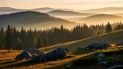 Serene forest landscape at sunrise with layers of mist covering rolling hills, casting golden light over dense evergreen trees