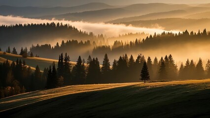Serene forest landscape at sunrise with layers of mist covering rolling hills, casting golden light over dense evergreen trees