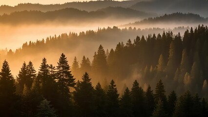 Serene forest landscape at sunrise with layers of mist covering rolling hills, casting golden light over dense evergreen trees