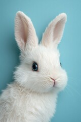 Fototapeta premium Adorable white rabbit against a pastel blue background