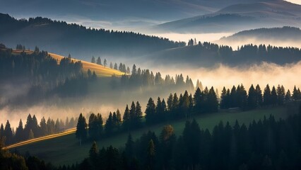 Serene forest landscape at sunrise with layers of mist covering rolling hills, casting golden light over dense evergreen trees