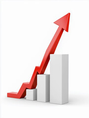 An illustration of a red arrow on a white background with a staircase rushing up, symbolizing the success or growth of a business