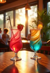 gravity defying beverages captured colorful environments lush backgrounds unique presentation styles, drink, cocktail, wine, soda, fruit, ice, glass