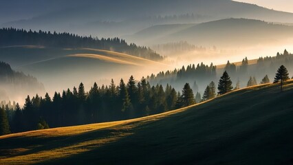 Serene forest landscape at sunrise with layers of mist covering rolling hills, casting golden light over dense evergreen trees