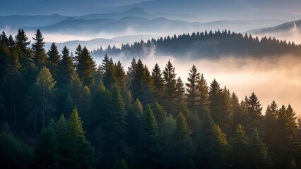 Serene forest landscape at sunrise with layers of mist covering rolling hills, casting golden light over dense evergreen trees