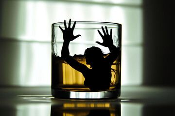 Woman silhouette trapped in a glass of scotch whisky or gin, struggling with alcohol addiction and withdrawal symptoms, person trying to stop drinking, suffering and feeling trapped in her habits