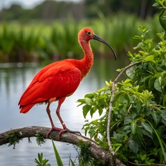 red crowned crane standing on a rock near a lake with leaves