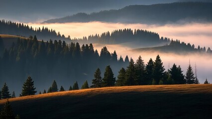 Serene forest landscape at sunrise with layers of mist covering rolling hills, casting golden light over dense evergreen trees