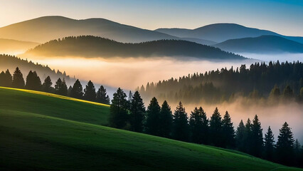 Serene forest landscape at sunrise with layers of mist covering rolling hills, casting golden light over dense evergreen trees