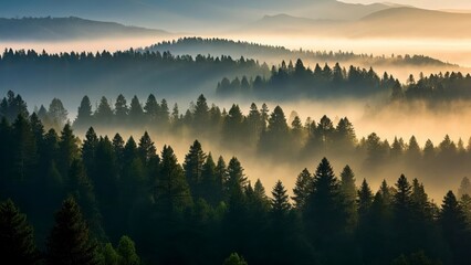 Serene forest landscape at sunrise with layers of mist covering rolling hills, casting golden light over dense evergreen trees