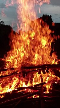 Flames burning pile of logs.
