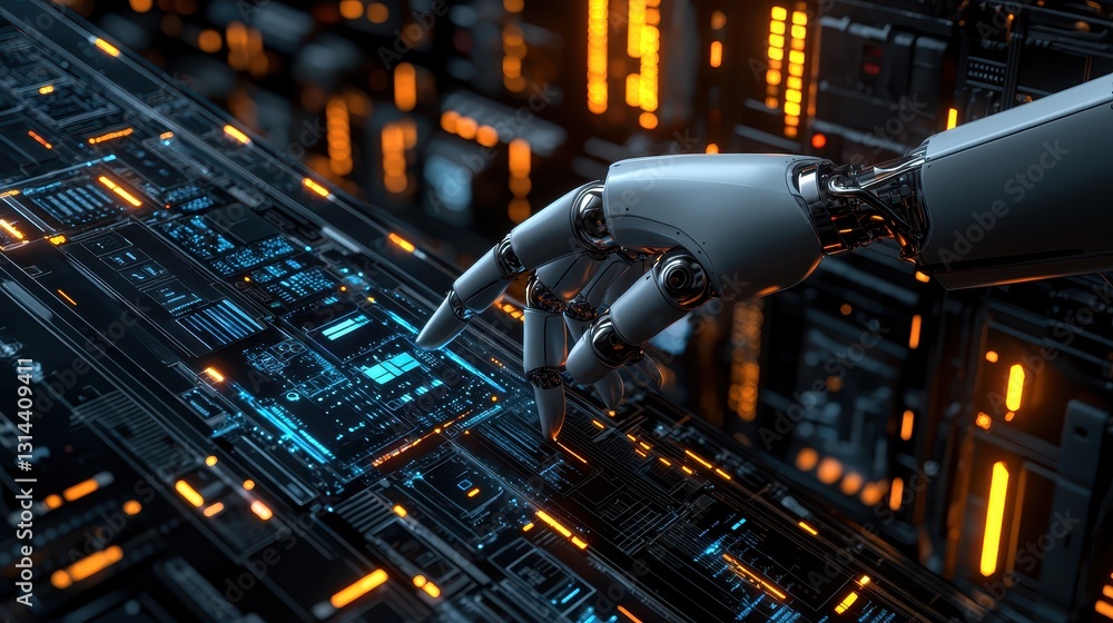 Poster robotic hand interacting with digital circuitry in a futuristic environment