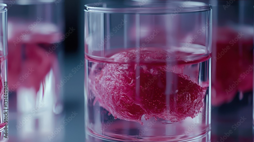 Poster heart-like shape in transparent container surrounded by pink fluid