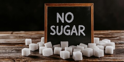 Better health management. Chalkboard sign reading "No Sugar" surrounded by sugar cubes on a wooden surface.