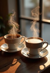 capture visual contrast harmony two steaming coffee cups paired together soft light background, beverage, ceramic, mug, drink, hot, warm, rustic, rich