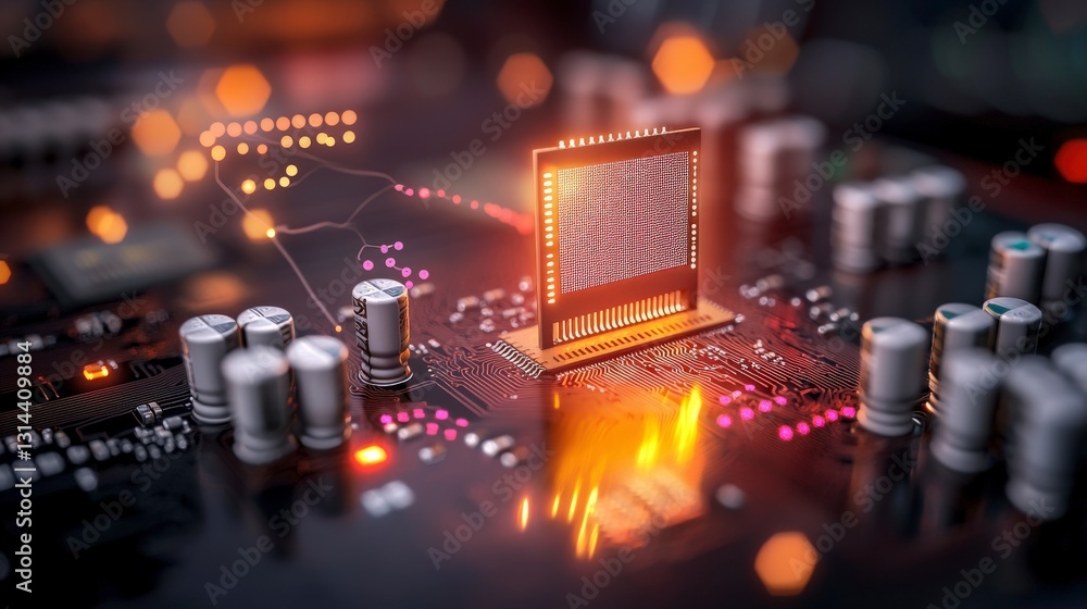 Poster high-tech microchip illuminated on circuit board with vibrant lights and electrical connections in m