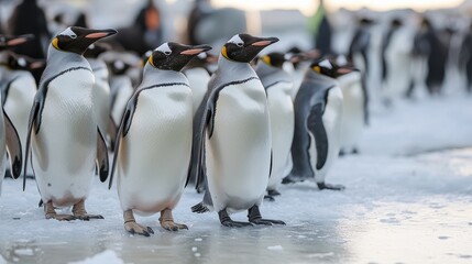 Fototapeta premium Group of Majestic Penguins Walking on Ice in a Cold Landscape with Beautiful Background Light