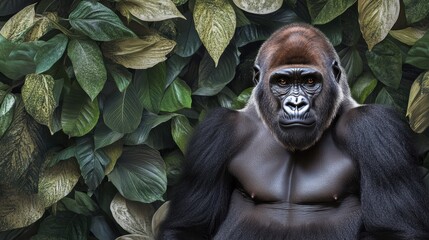 Fototapeta premium Majestic Gorilla Portrait Surrounded by Lush Green Leaves in a Natural Habitat Setting