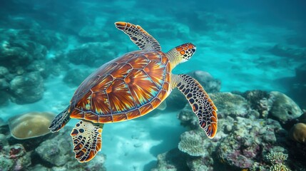 Colorful Sea Turtle Swimming Through Vibrant Coral Reef in Clear Tropical Waters