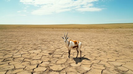 Solitary Antelope Standing on Cracked Dry Earth Under Clear Blue Sky in Expansive Landscape