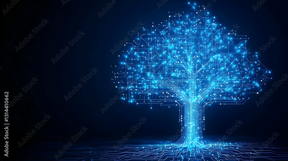 Poster luminous blue digital tree glowing with data on a dark background representing technological growth 