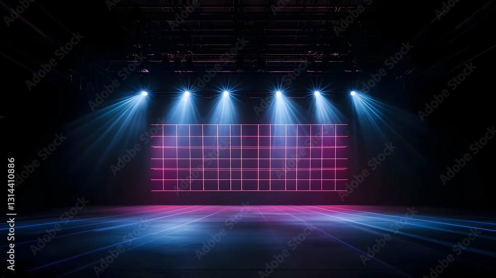 Poster Dark Empty Stage Illuminated With Pink And Blue Spotlights Geometric Grid Pattern Dramatic Atmosphere Event Production Background Design