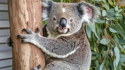 Fototapeta premium Adorable Koala Climbing Eucalyptus Tree in Natural Habitat with Soft Fur and Bright Features