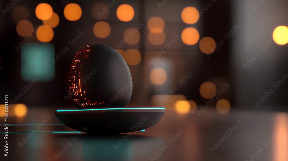 Poster futuristic egg-shaped object with glowing patterns and bokeh background creating a unique modern atm
