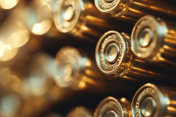 Close-up view of brass bullet casings arranged in a row showcasing intricate details and polished surfaces in a dimly lit environment