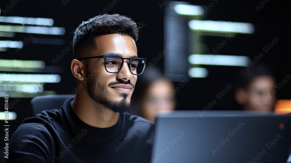 Poster young professional man in glasses smiling at computer screen with coding background in modern office