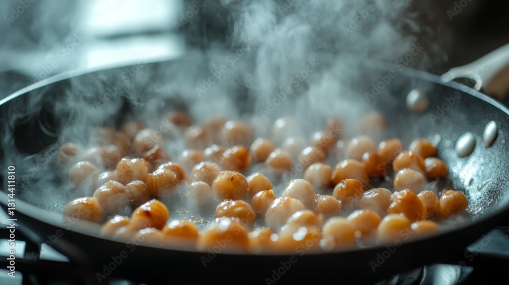 Poster an inviting image of shallots caramelizing in a pan, with golden brown colors and a hint of steam ri