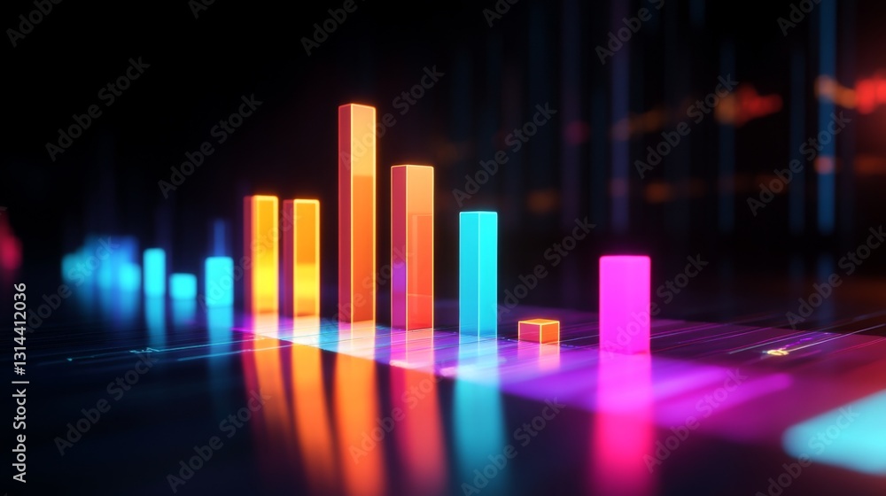 Poster a d financial bar chart with sleek, glowing bars rising dramatically against a dark backdrop, with s
