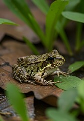 Obraz premium Marsh Frog Basking on Wet Leaves Among Green Foliage in Natural Habitat.