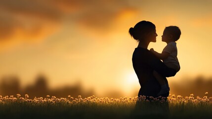 Fototapeta premium Mother and Child Silhouette at Sunset with Flowers in a Peaceful Meadow Landscape
