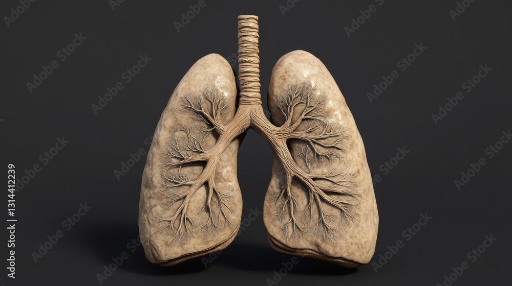 Poster a d rendering of a pair of human lungs with detailed bronchi and alveoli, isolated on a dark backgro